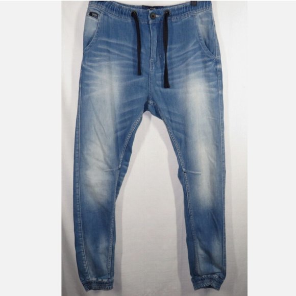 Superdry Jeans Copper Black Denim Blue Drawstring Stretch Tapered Mens W30 L32 - Picture 1 of 13